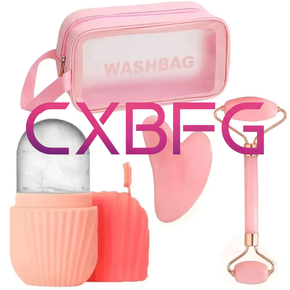 Face Ice Roller Puffiness - 4/1-teiliges Gesichtsmassage-Set: Doppelkopf-Roller, Herz-Gua-Sha-Eisform, Roller zur